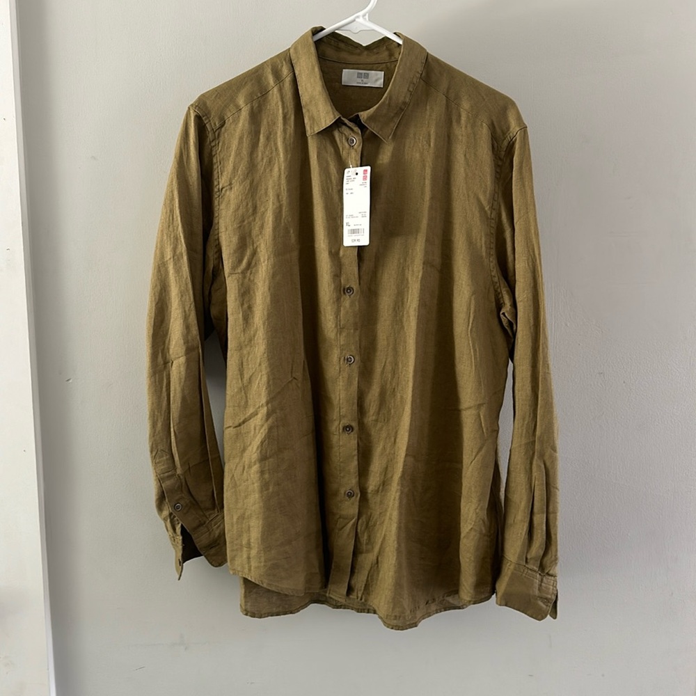 Uniqlo Womens Premium Linen long sleeve shirt, olive green